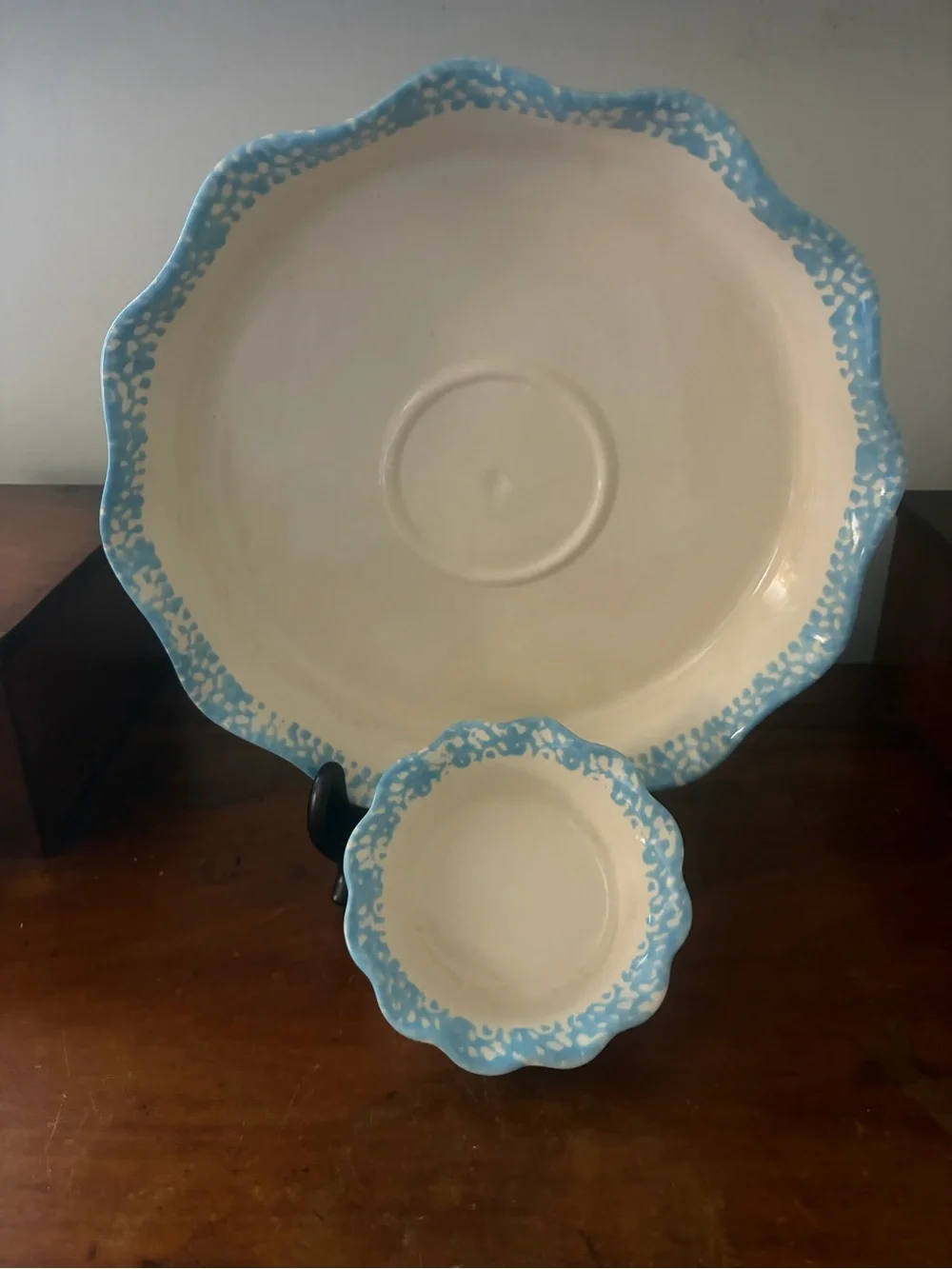 Ceramic Scalloped Serving Platter with Matching Dip Bowl - Blue and White